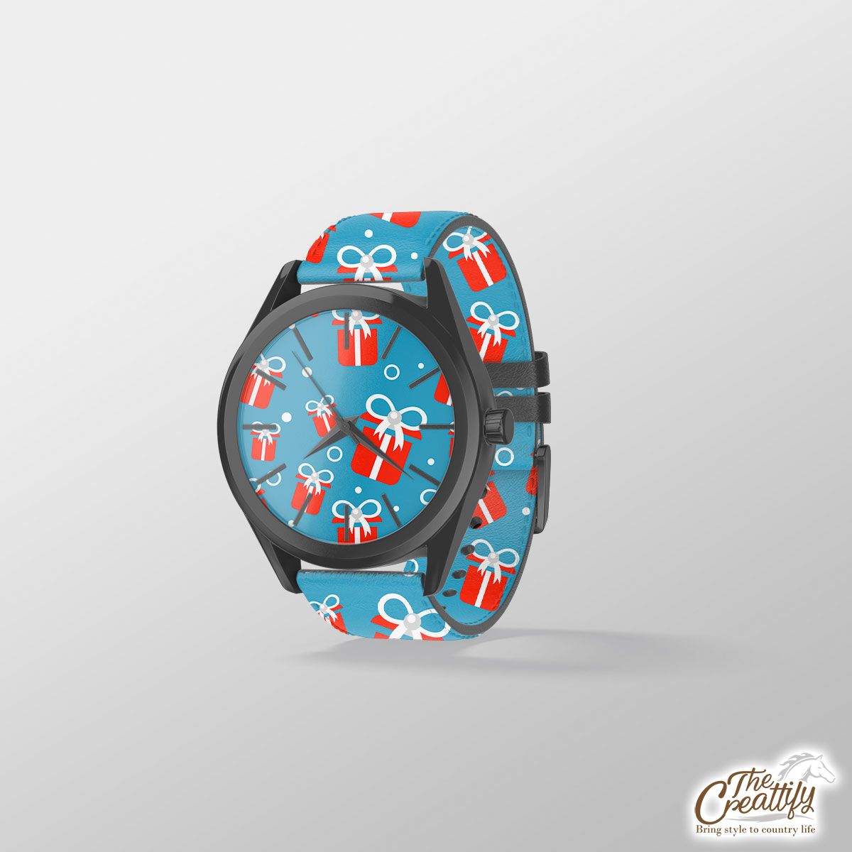 Red And White Christmas Gift On Blue Background Print Watch