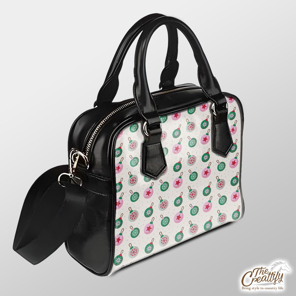 Green Pink And White Christmas Ball Pattern Pu Shoulder Handbag