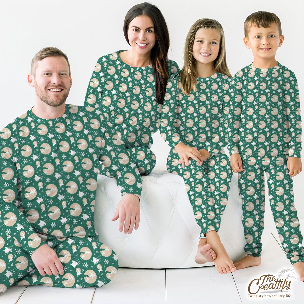 Green And White Santa Sleigh With Snowflake Pajamas