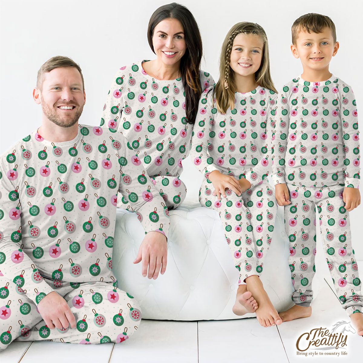 Green Pink And White Christmas Ball Pattern Pajamas
