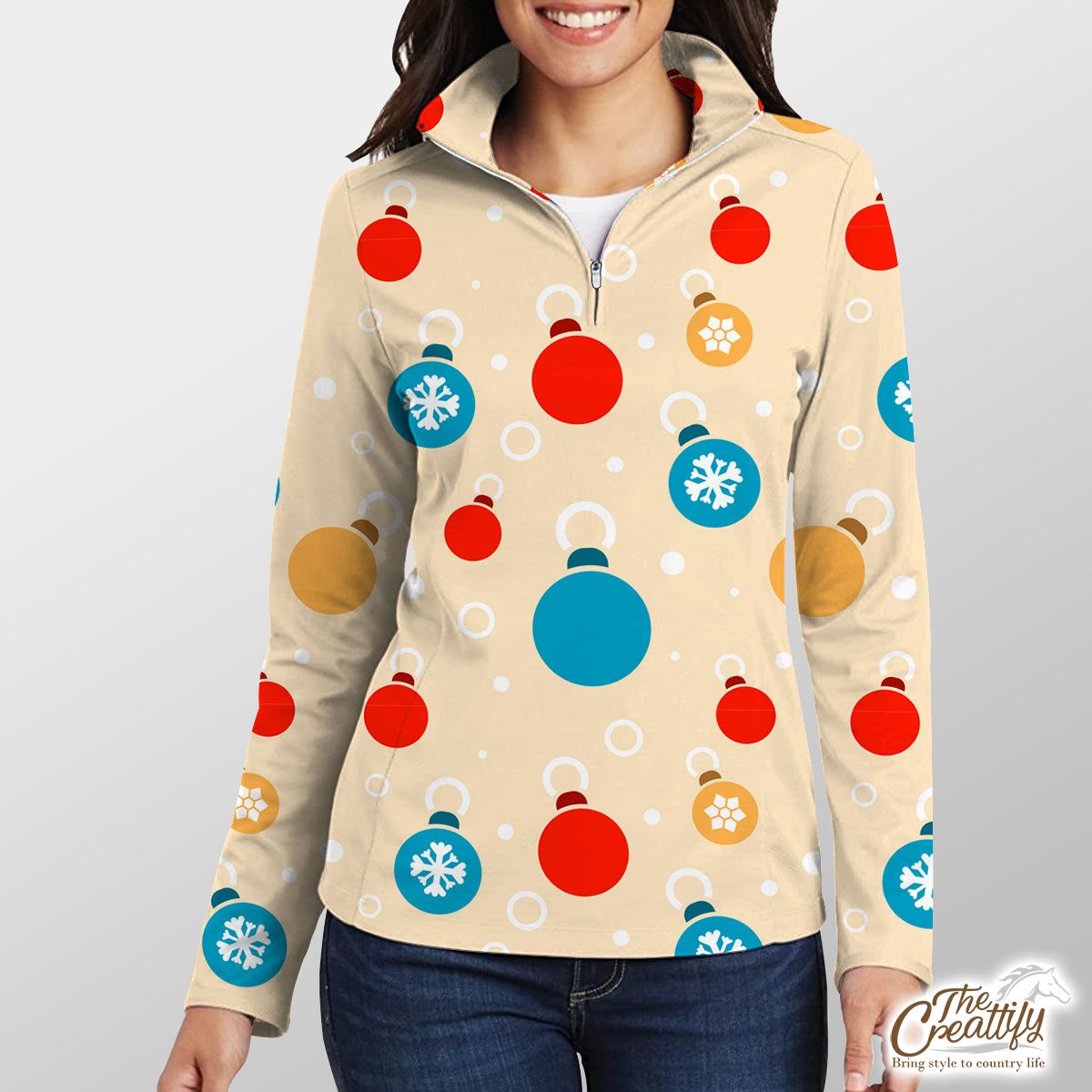 Colorful Christmas Ball On Yellow Background Quarter Zip Pullover