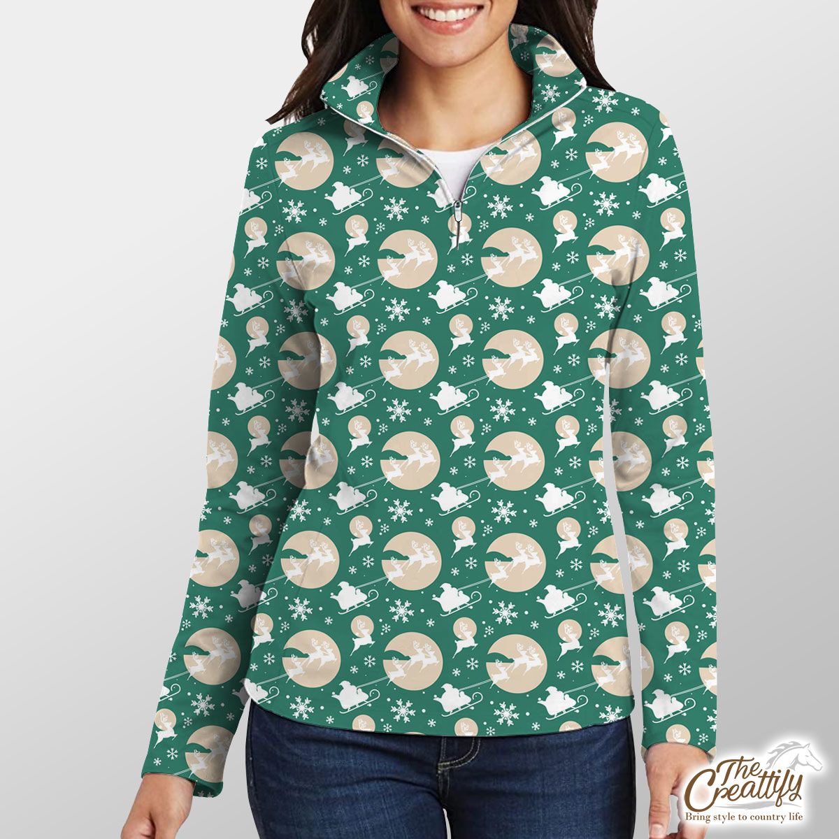 Green And White Santa Sleigh With Snowflake Quarter Zip Pullover