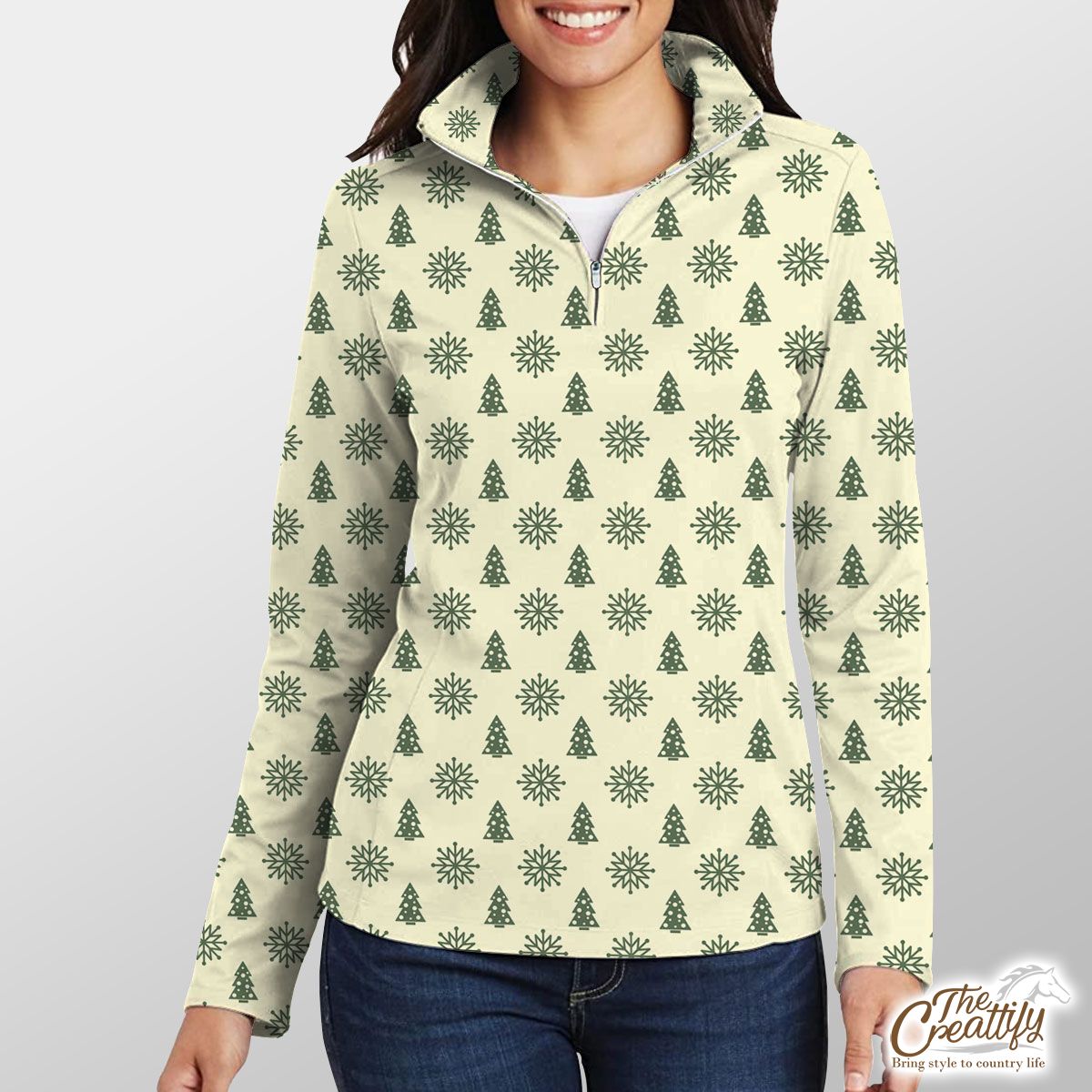 Green And Yellow Christmas Tree With Snowflake Quarter Zip Pullover