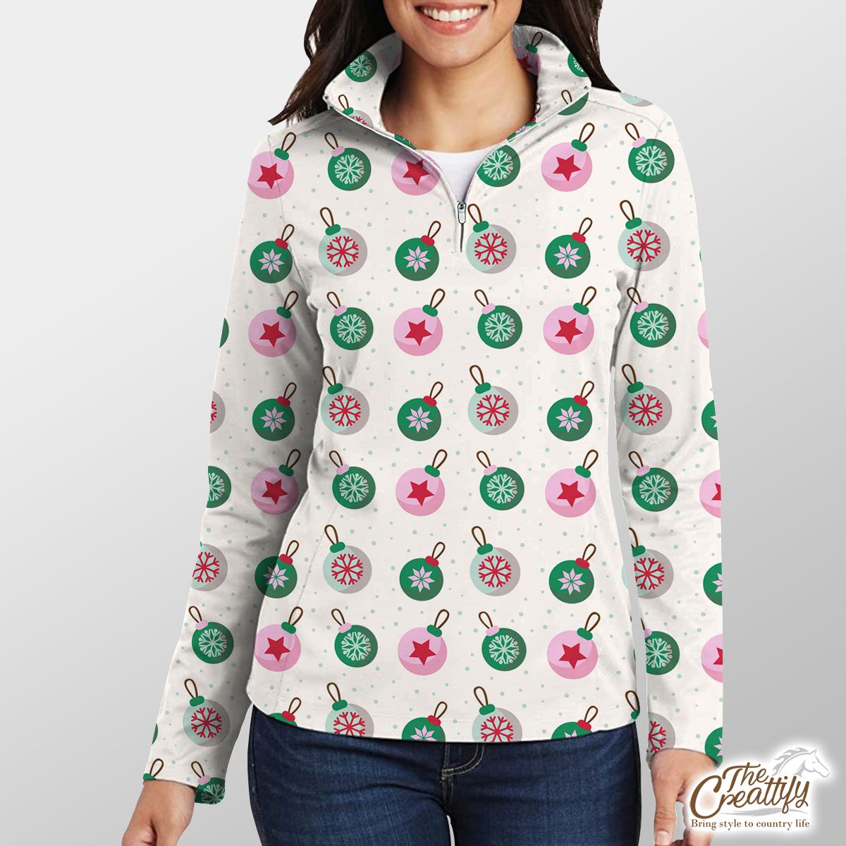 Green Pink And White Christmas Ball Pattern Quarter Zip Pullover
