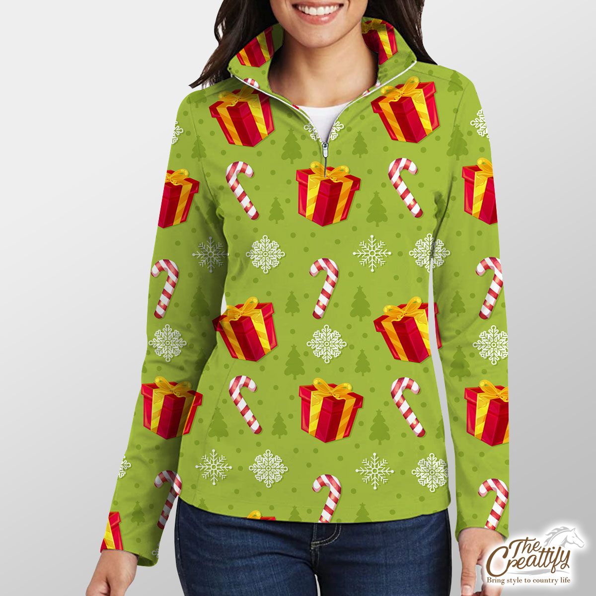 Red And Green Christmas Gift, Candy Cane, Snowflake Quarter Zip Pullover