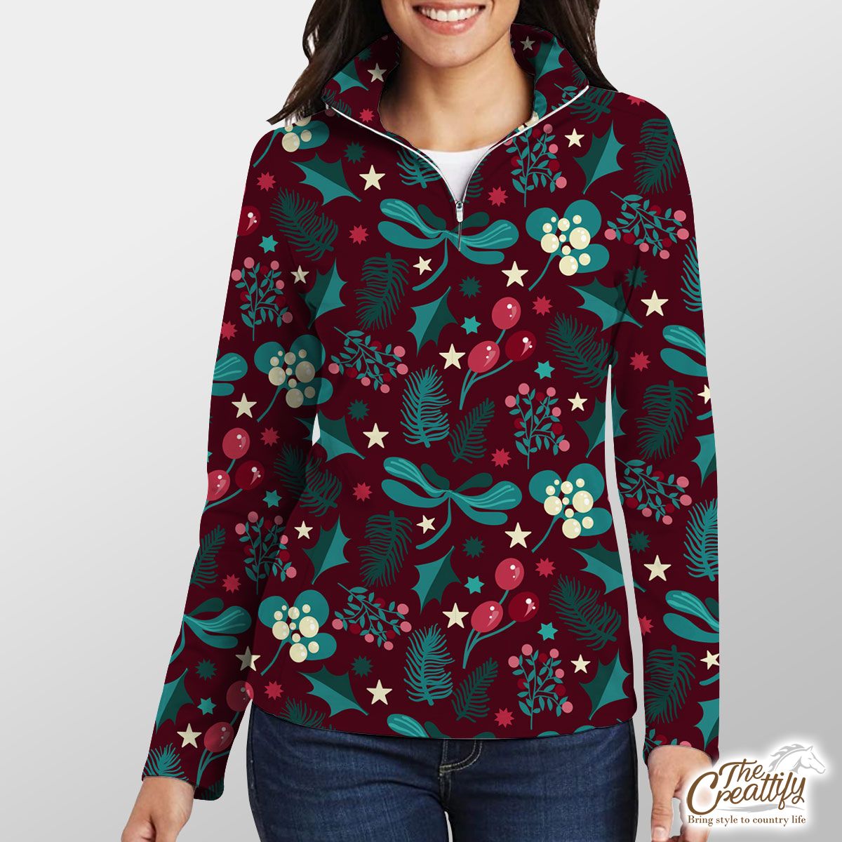 Red And Green Christmas Tree Branch, Cranberry, Holly Leaf Quarter Zip Pullover