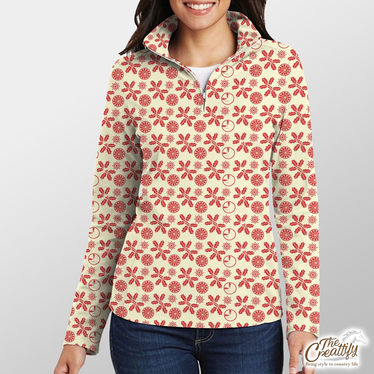 Red And Light Yellow Holly Leaf, Snow Flake Christmas Quarter Zip Pullover