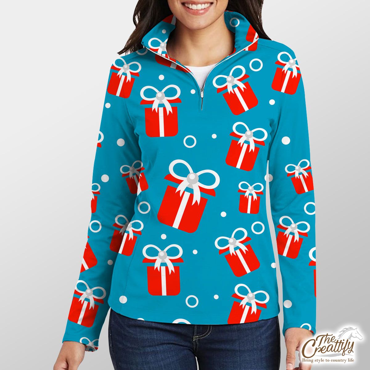 Red And White Christmas Gift On Blue Background Quarter Zip Pullover