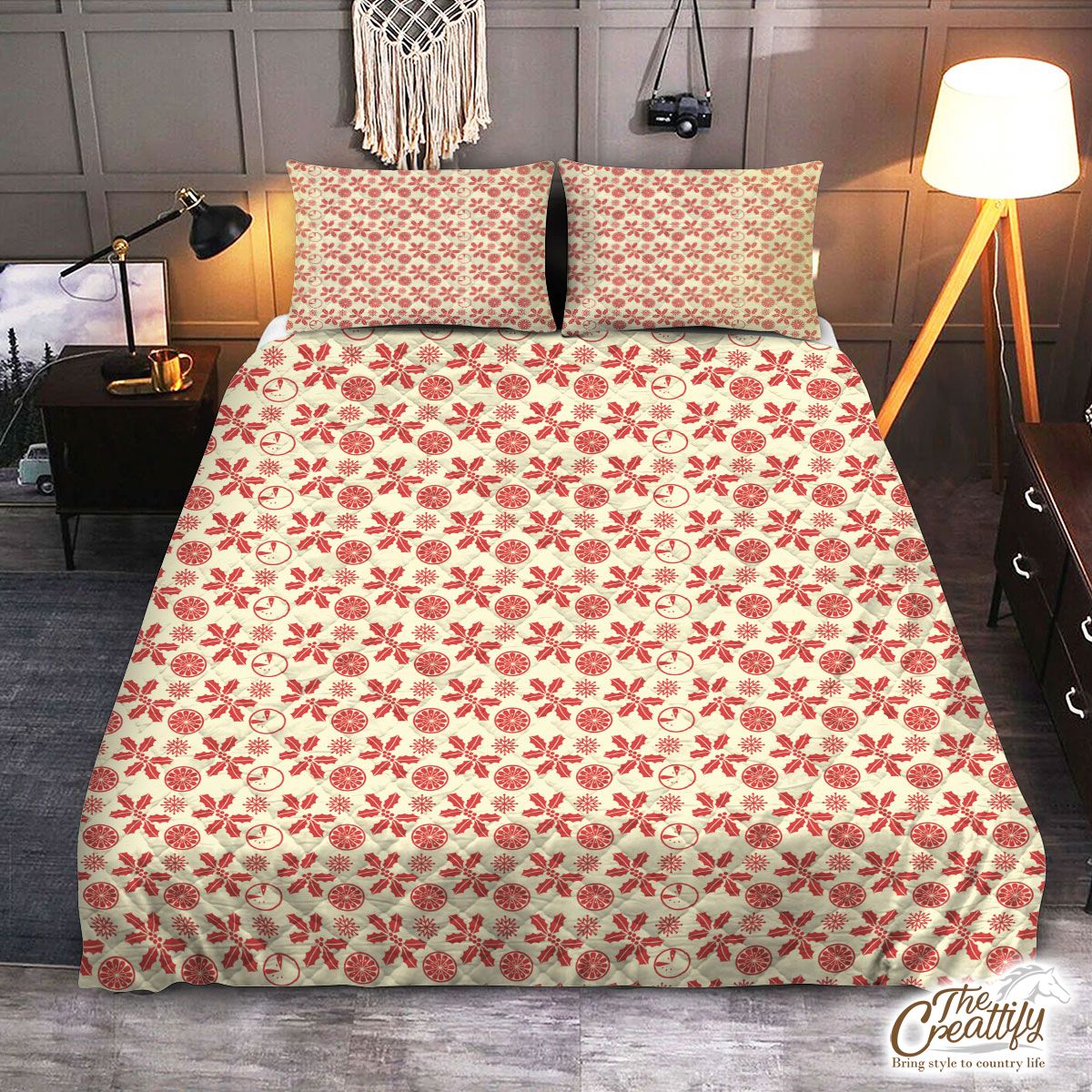 Red And Light Yellow Holly Leaf, Snow Flake Christmas Quilt Set