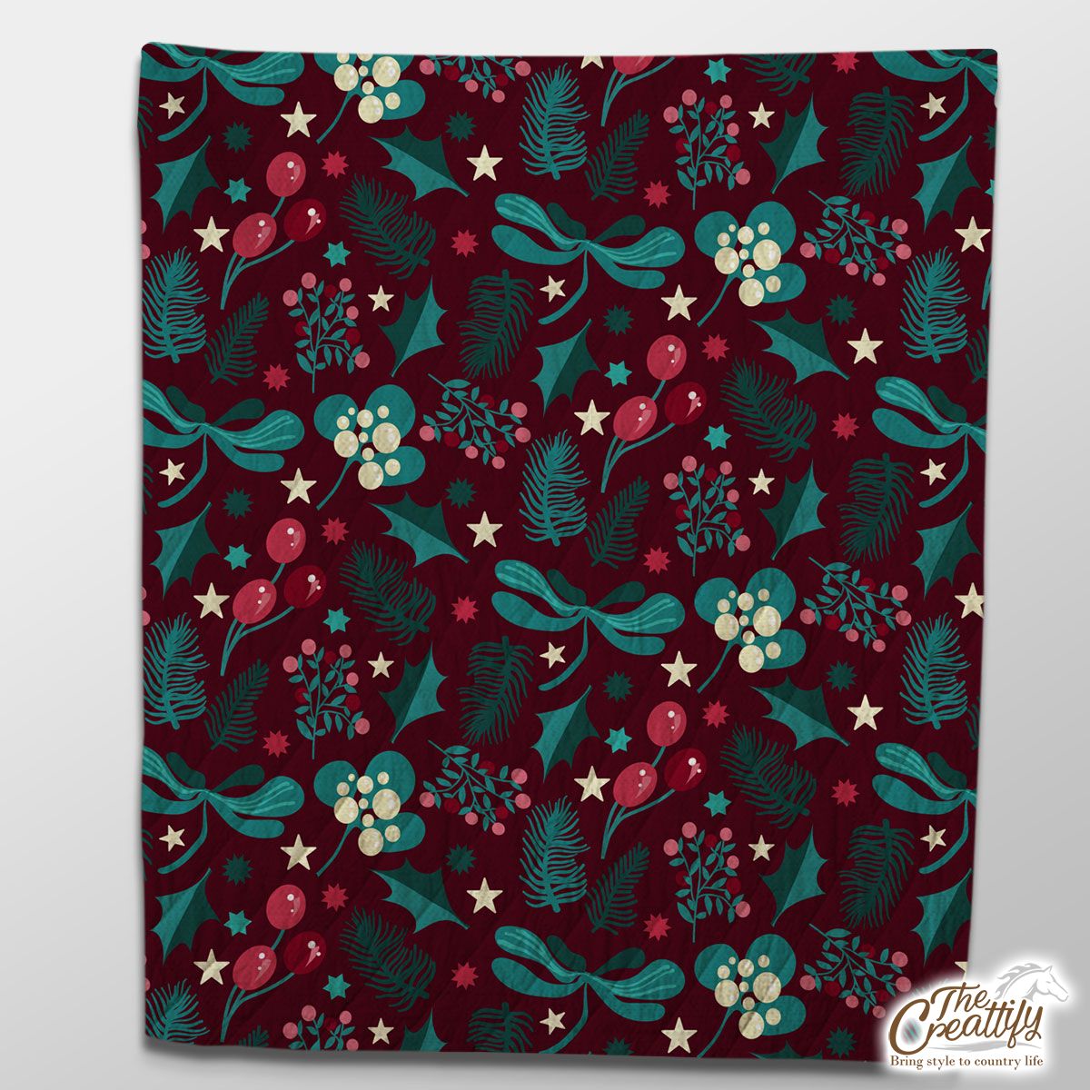 Red And Green Christmas Tree Branch, Cranberry, Holly Leaf Quilt