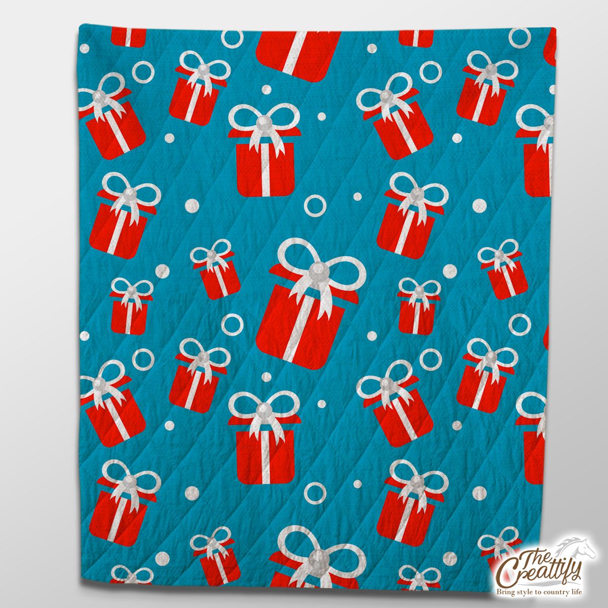 Red And White Christmas Gift On Blue Background Quilt