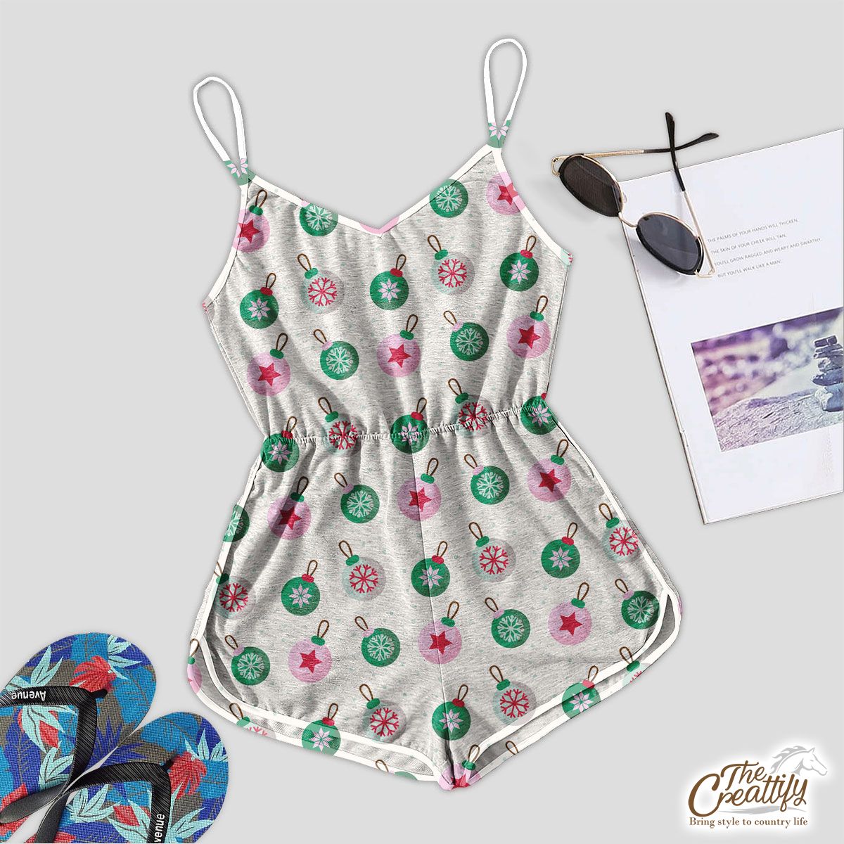 Green Pink And White Christmas Ball Pattern Romper