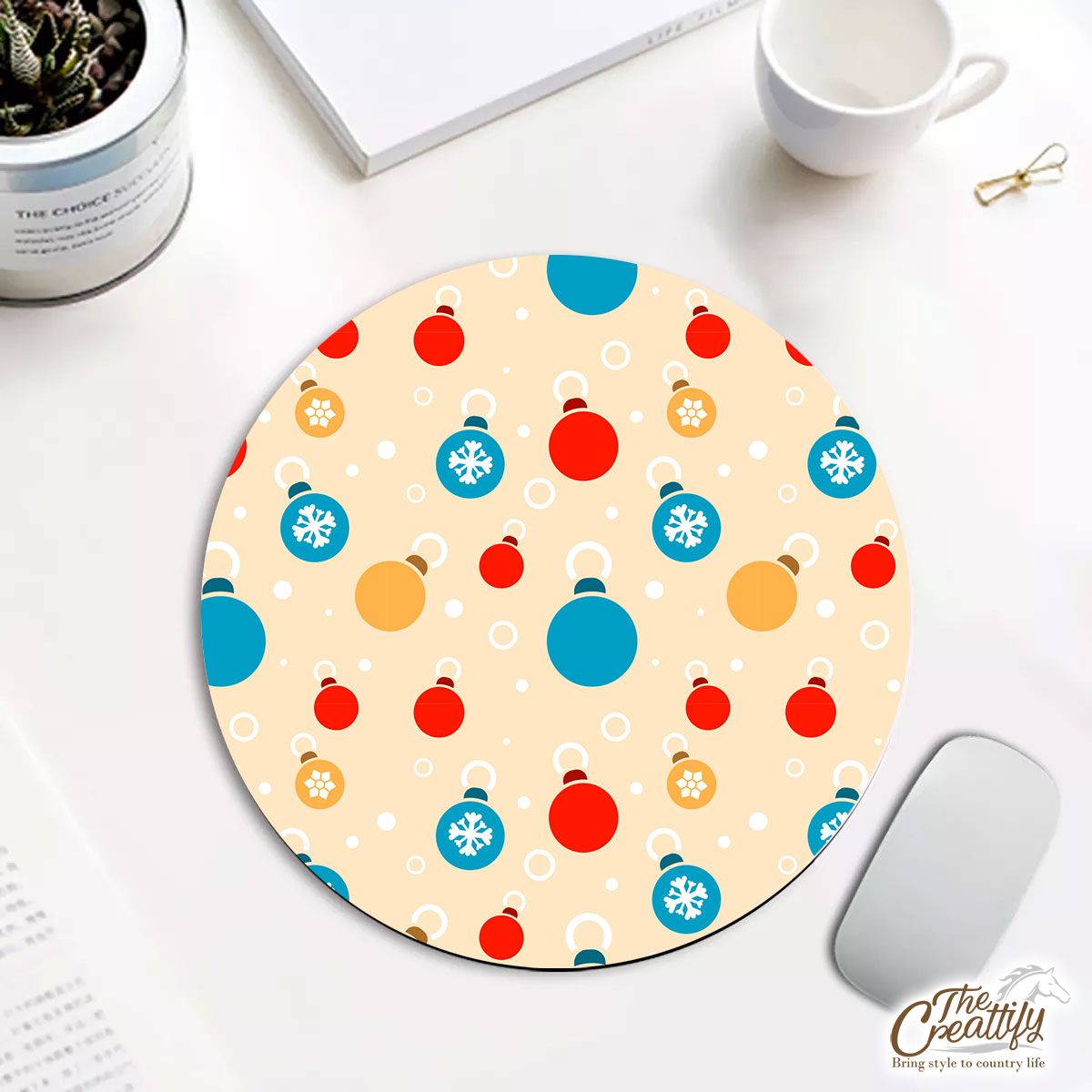 Colorful Christmas Ball On Yellow Background Round Mouse Pad