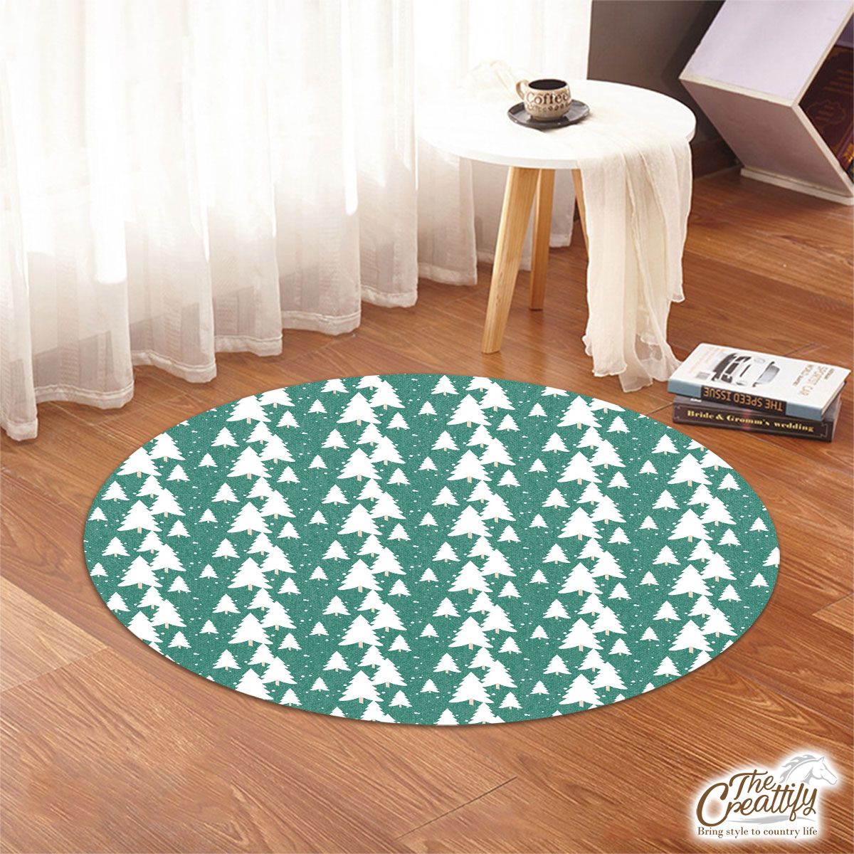 Green And White Christmas Tree Round Rug