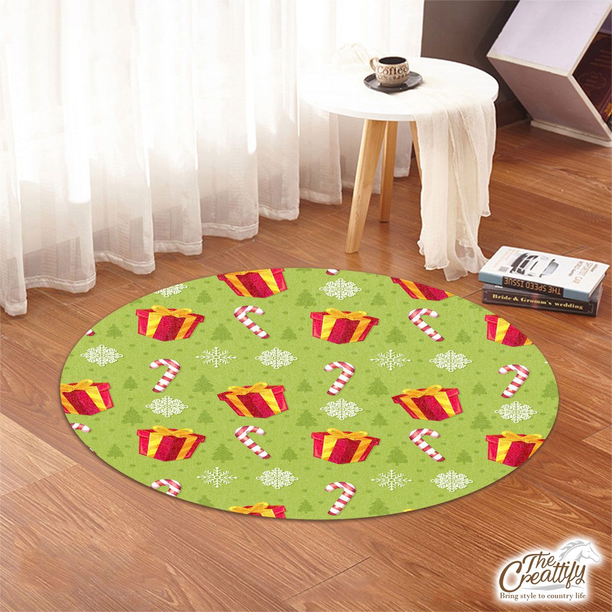 Red And Green Christmas Gift, Candy Cane, Snowflake Round Rug