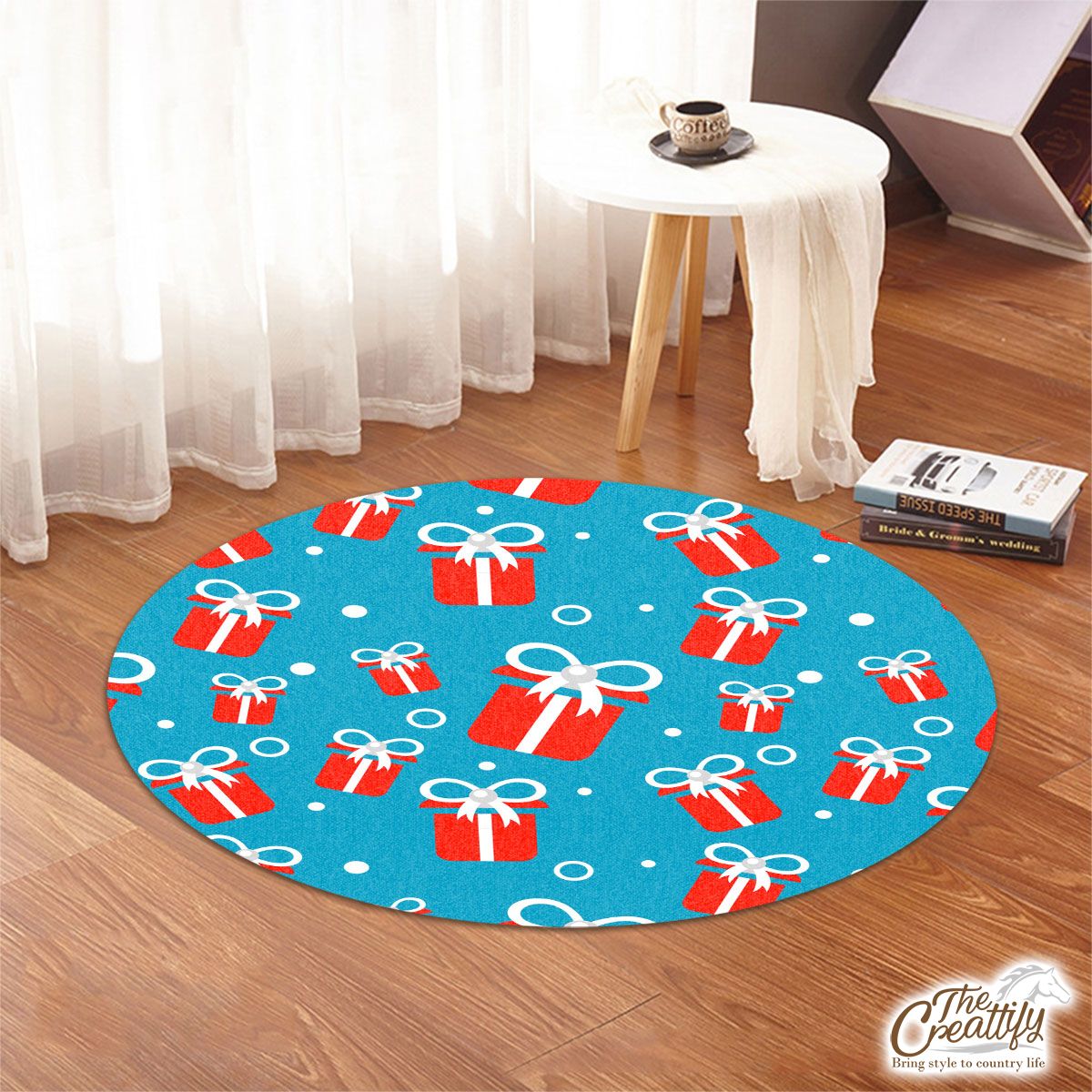 Red And White Christmas Gift On Blue Background Round Rug