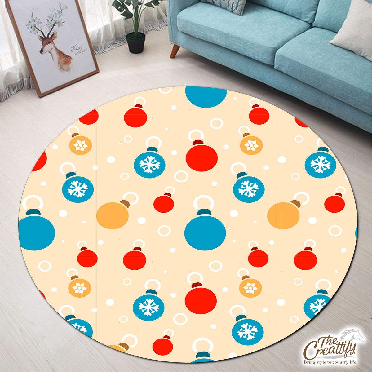 Colorful Christmas Ball On Yellow Background Round Carpet