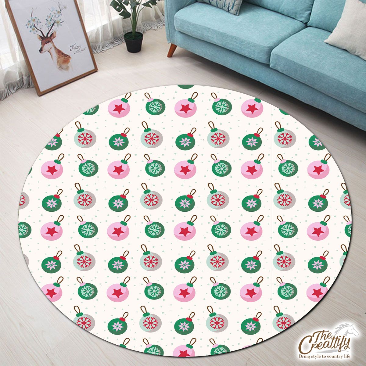 Green Pink And White Christmas Ball Pattern Round Carpet