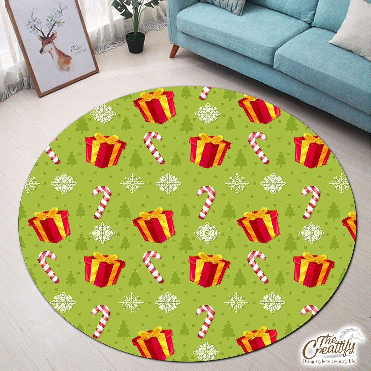Red And Green Christmas Gift, Candy Cane, Snowflake Round Carpet