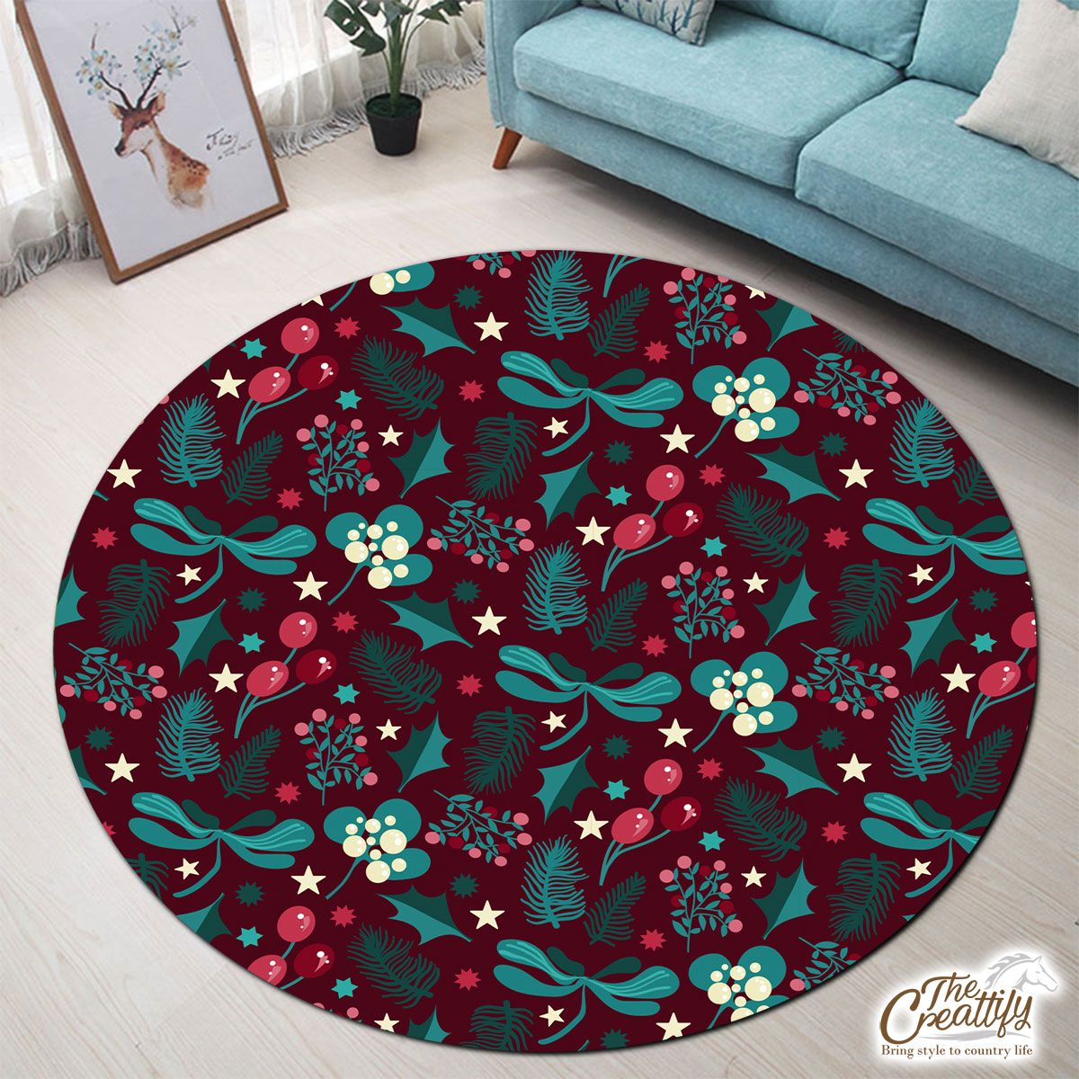 Red And Green Christmas Tree Branch, Cranberry, Holly Leaf Round Carpet