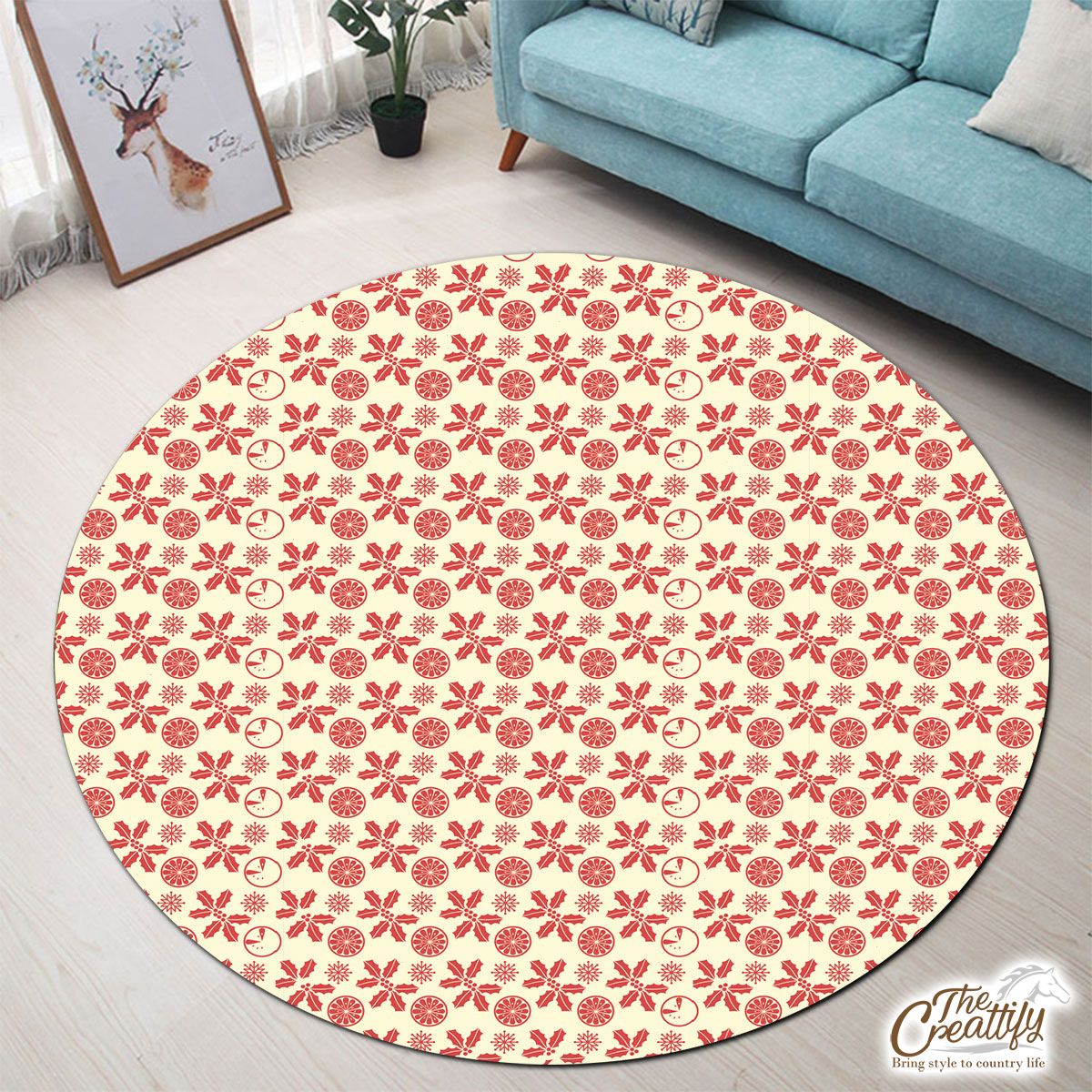 Red And Light Yellow Holly Leaf, Snow Flake Christmas Round Carpet