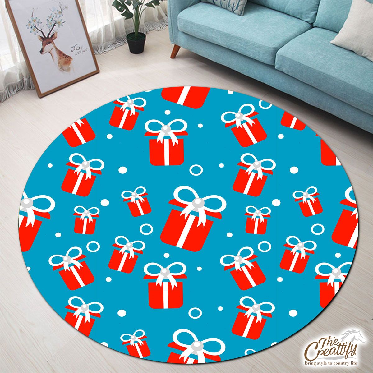 Red And White Christmas Gift On Blue Background Round Carpet