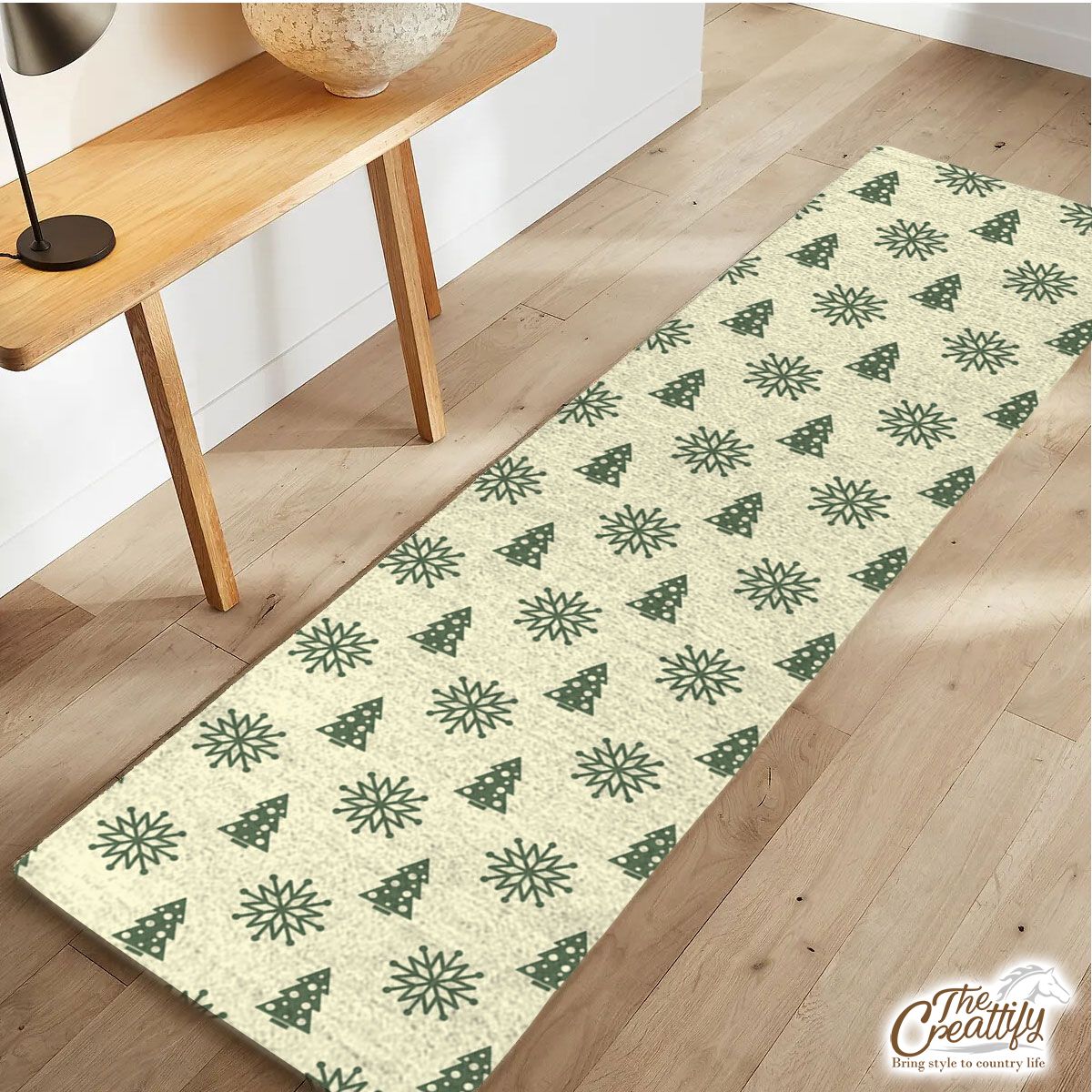 Green And Yellow Christmas Tree With Snowflake Runner Carpet