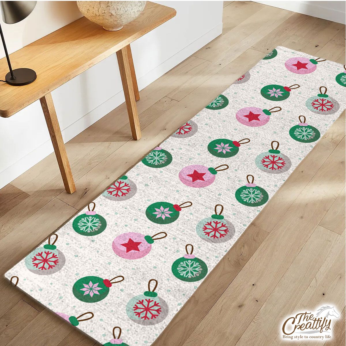 Green Pink And White Christmas Ball Pattern Runner Carpet