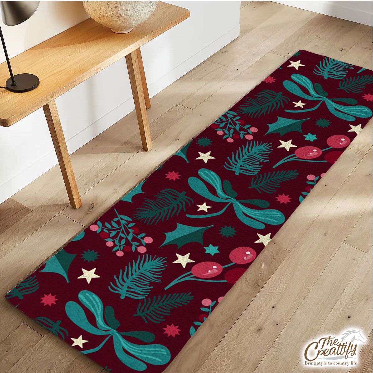 Red And Green Christmas Tree Branch, Cranberry, Holly Leaf Runner Carpet