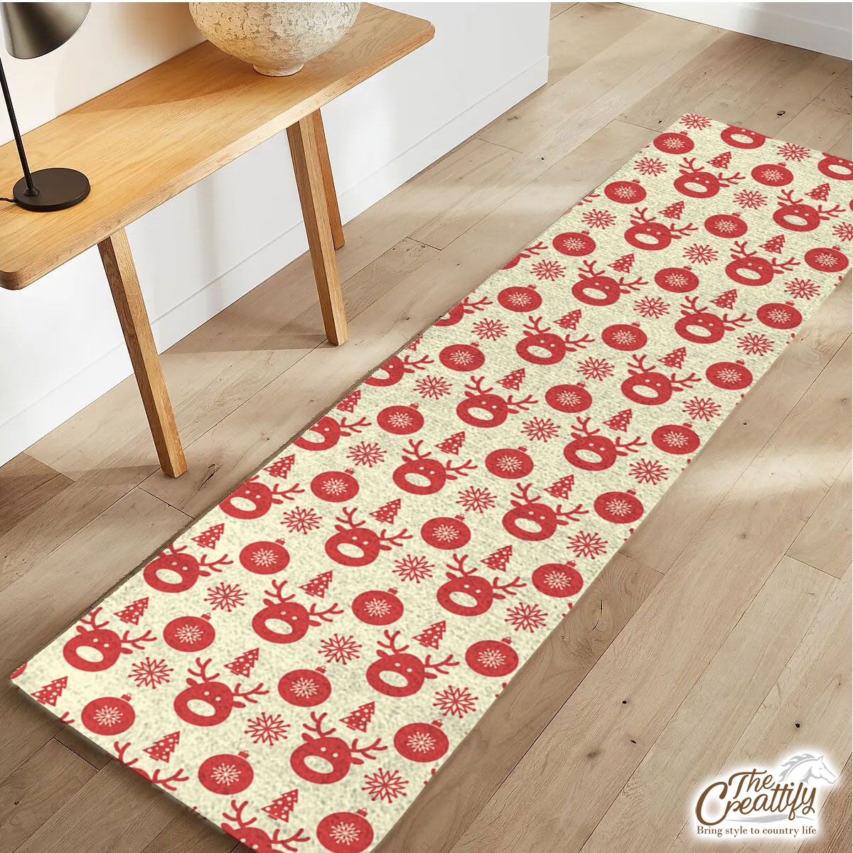 Red And Light Yellow Reindeer, Christmas Ball, Snowflakes Runner Carpet