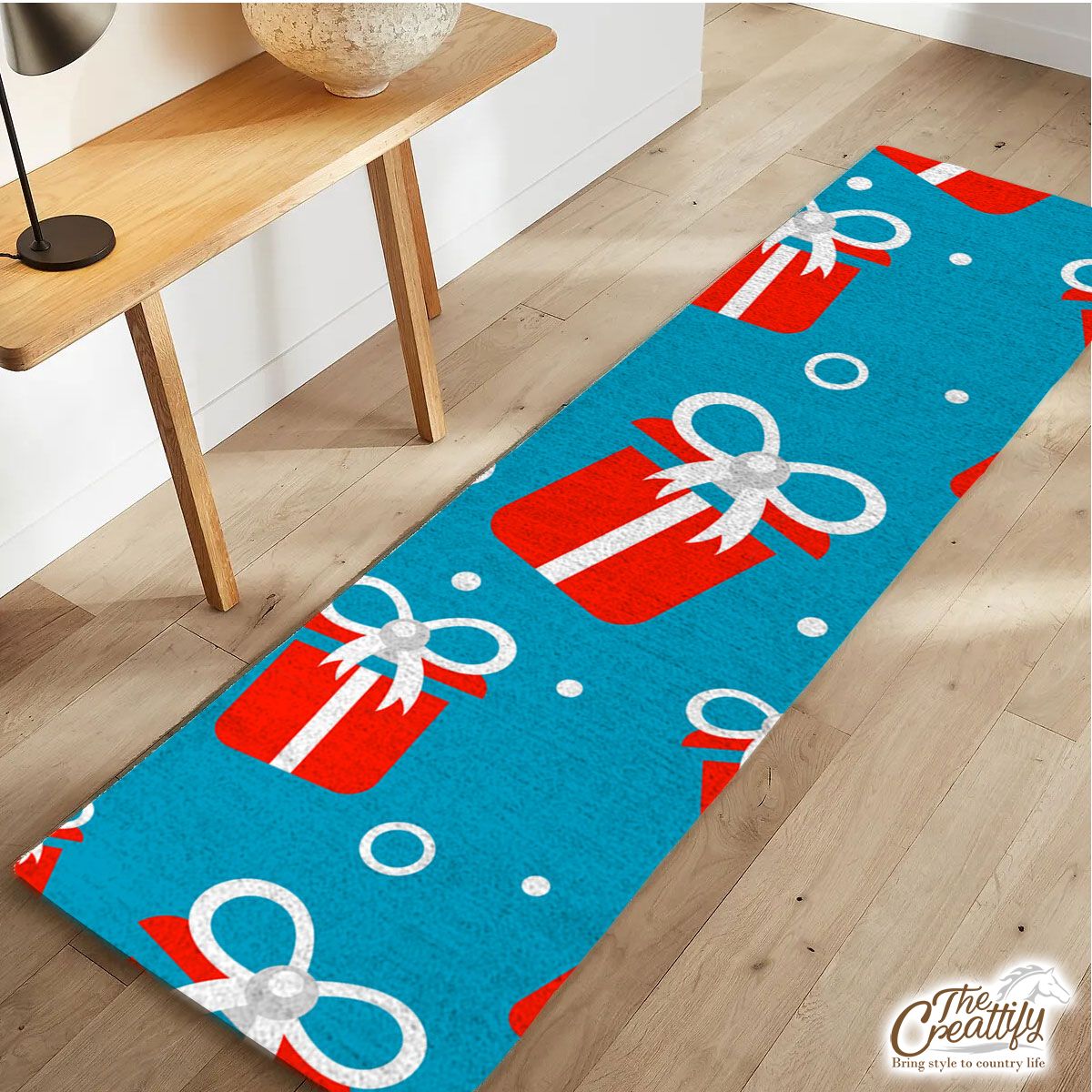 Red And White Christmas Gift On Blue Background Runner Carpet