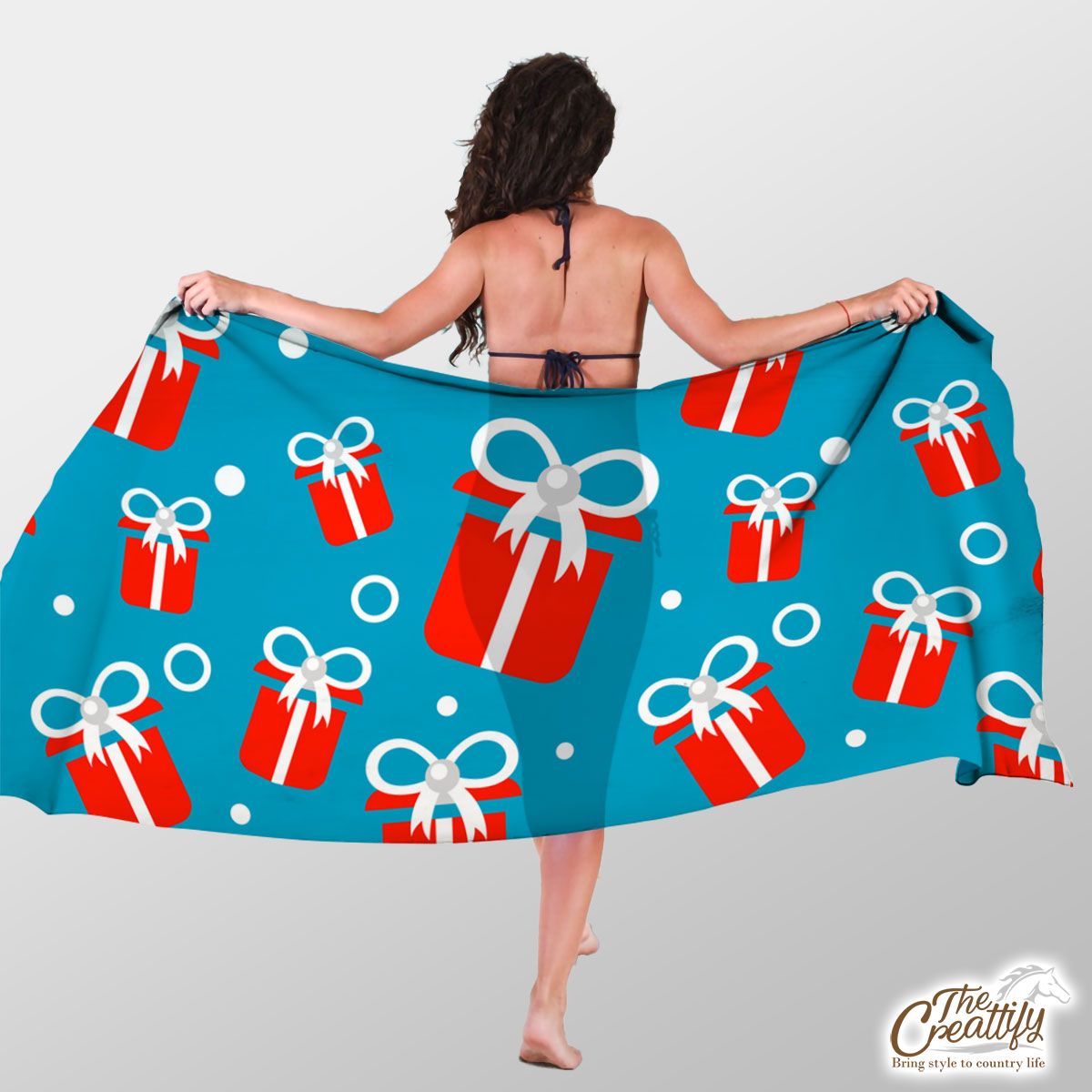 Red And White Christmas Gift On Blue Background Sarong