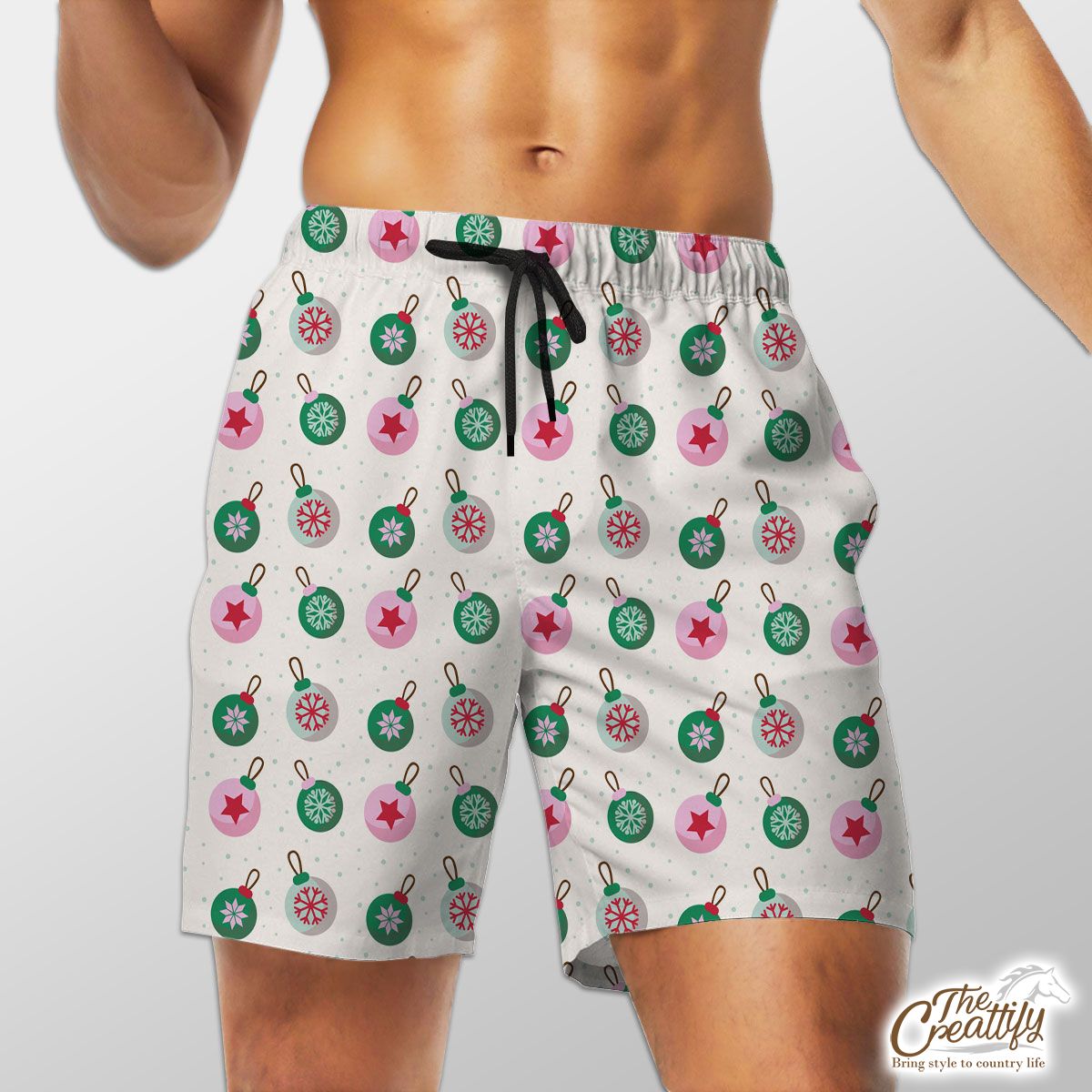 Green Pink And White Christmas Ball Pattern Shorts