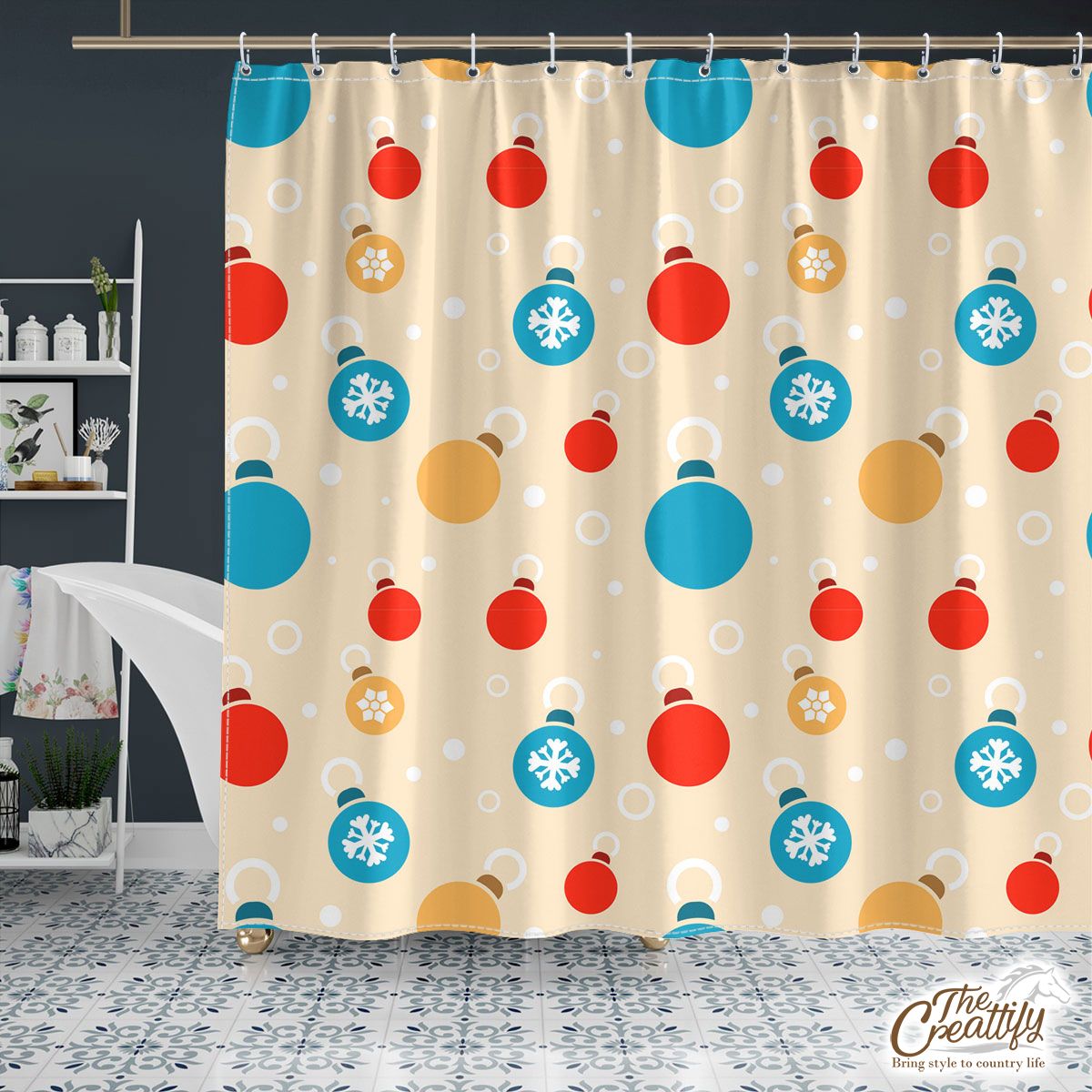 Colorful Christmas Ball On Yellow Background Shower Curtain