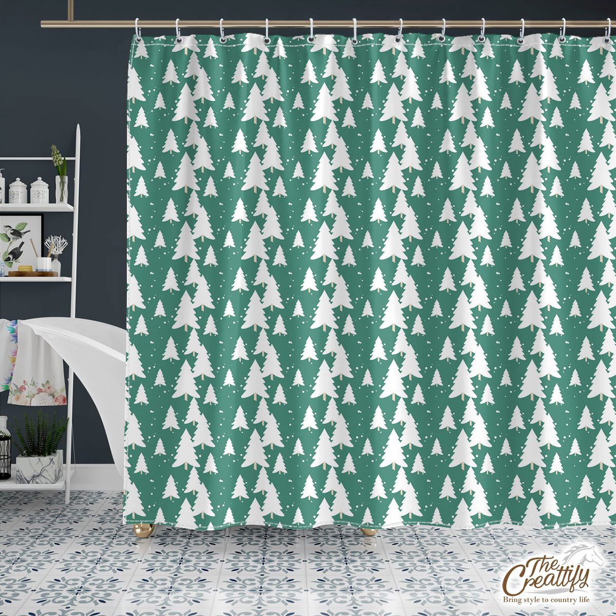 Green And White Christmas Tree Shower Curtain