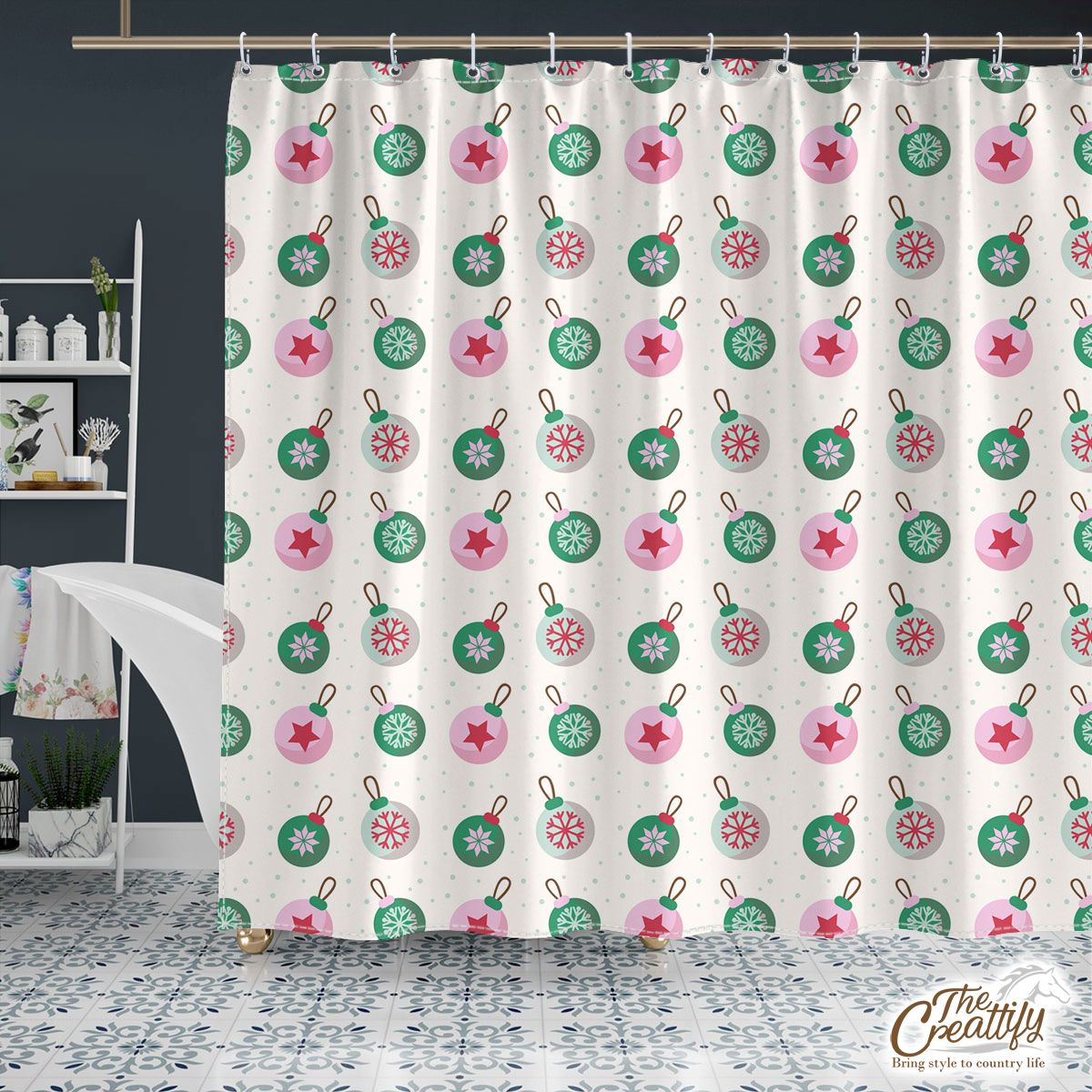 Green Pink And White Christmas Ball Pattern Shower Curtain