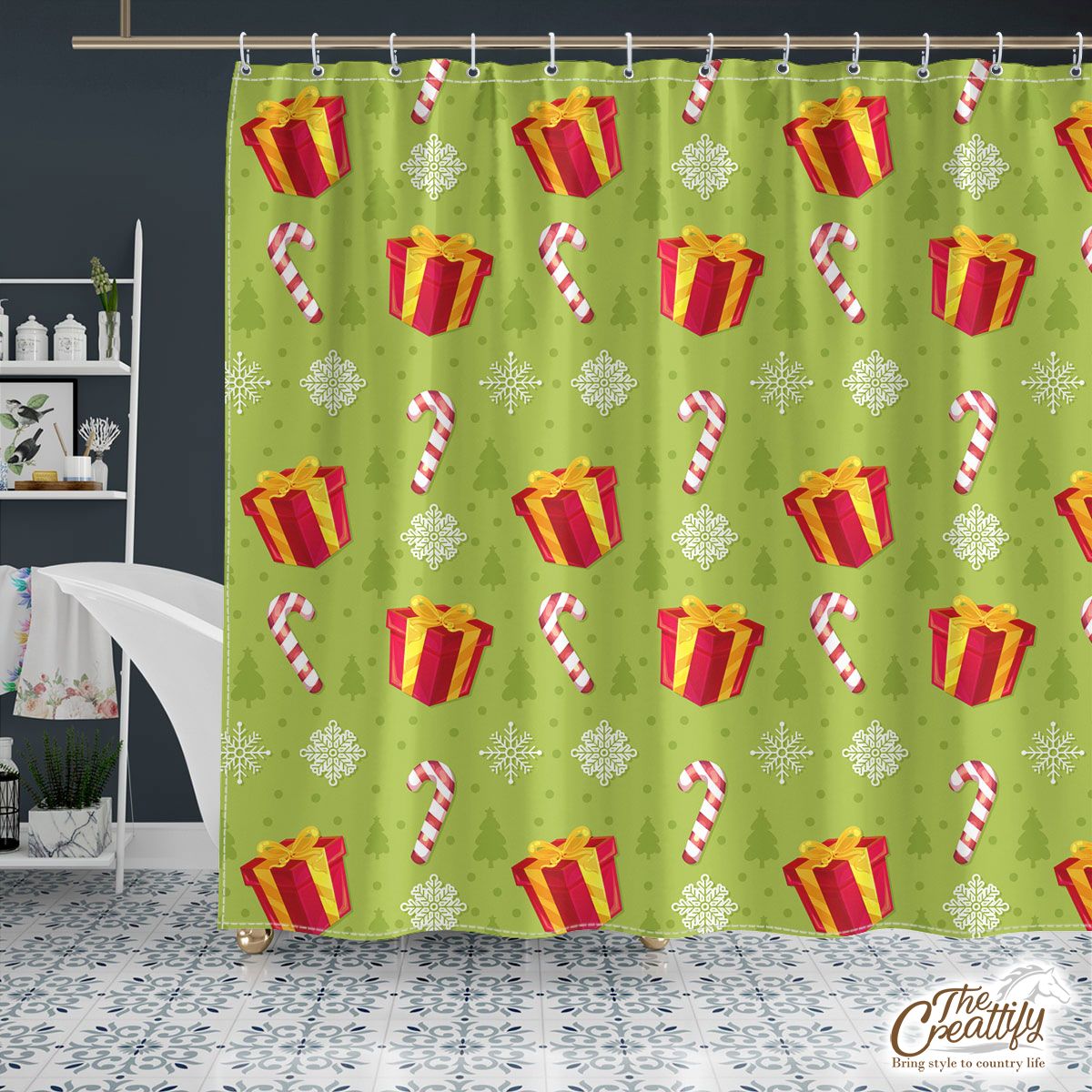 Red And Green Christmas Gift, Candy Cane, Snowflake Shower Curtain