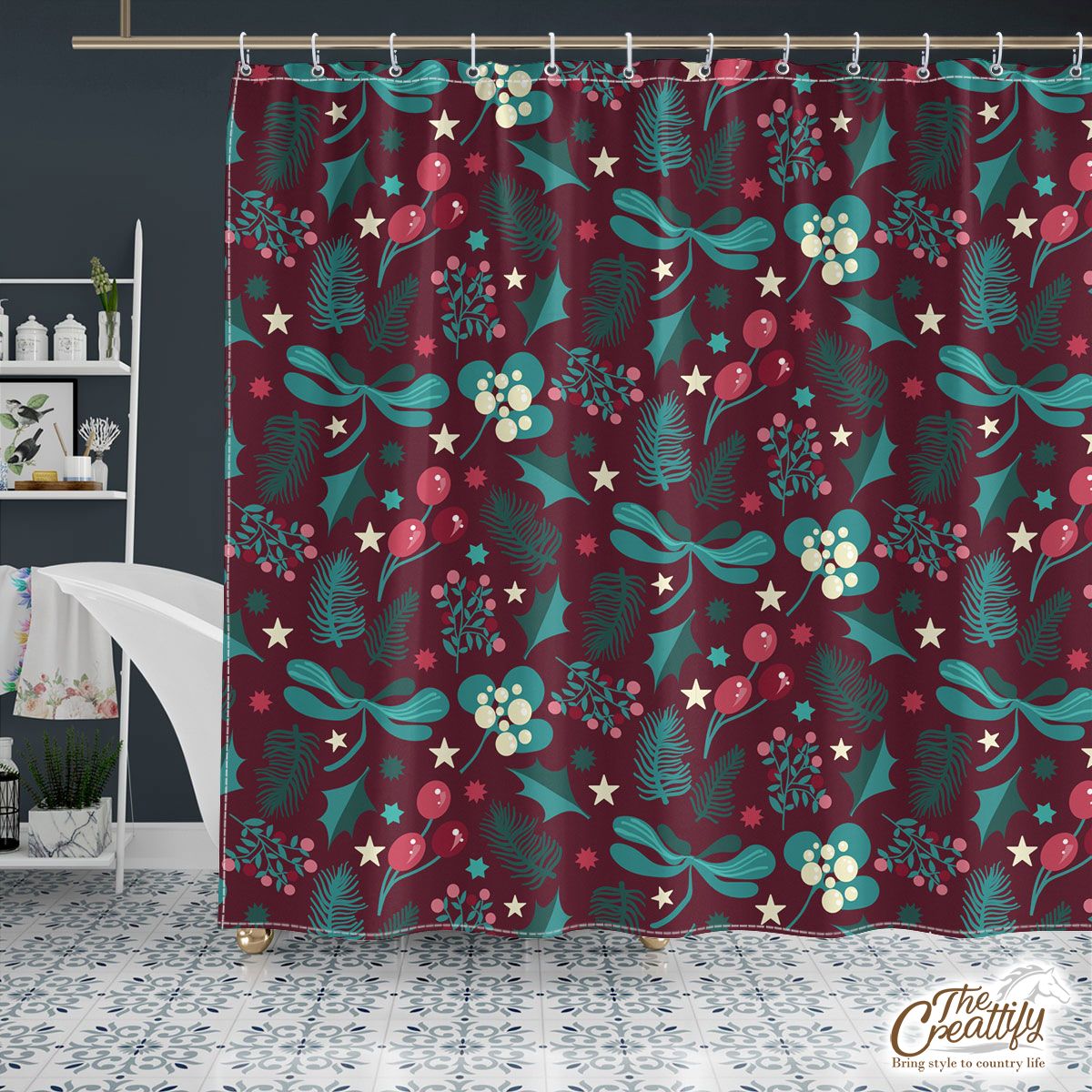 Red And Green Christmas Tree Branch, Cranberry, Holly Leaf Shower Curtain