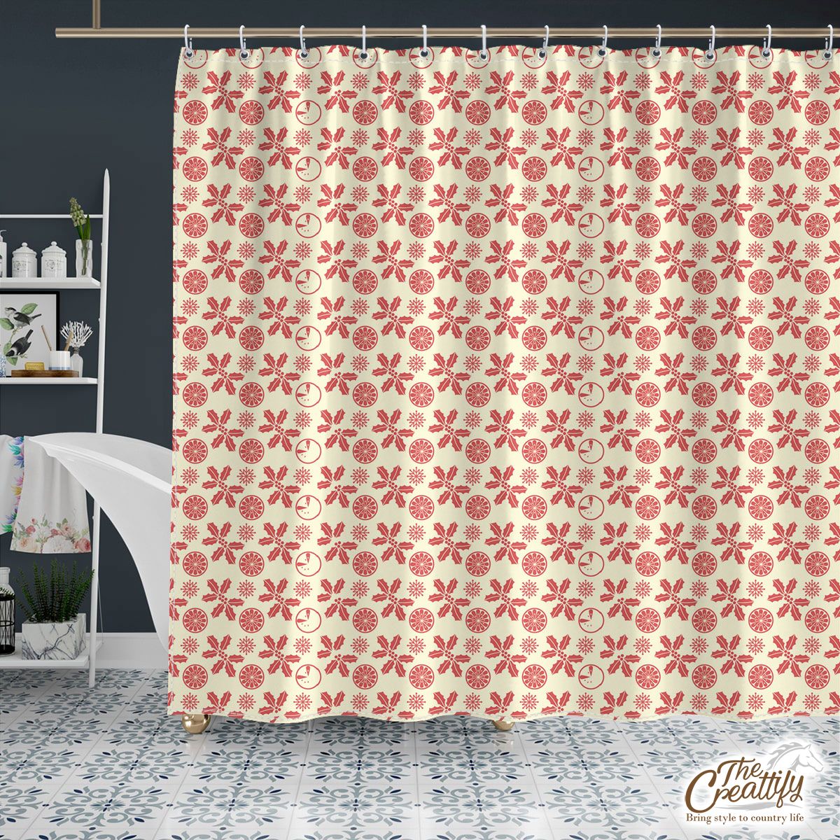 Red And Light Yellow Holly Leaf, Snow Flake Christmas Shower Curtain