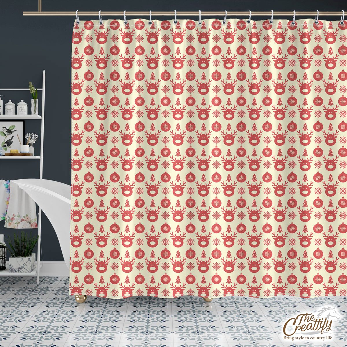 Red And Light Yellow Reindeer, Christmas Ball, Snowflakes Shower Curtain