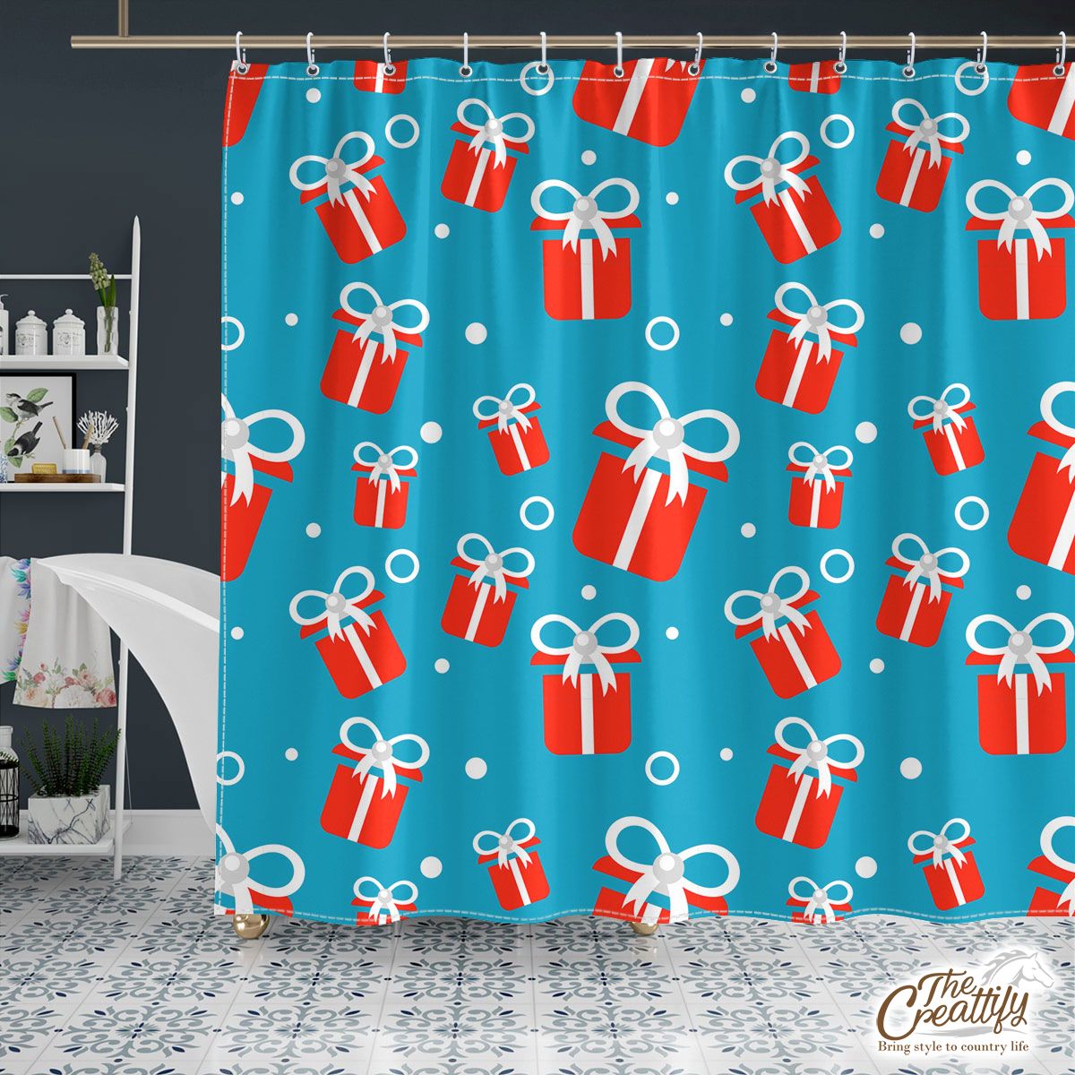 Red And White Christmas Gift On Blue Background Shower Curtain