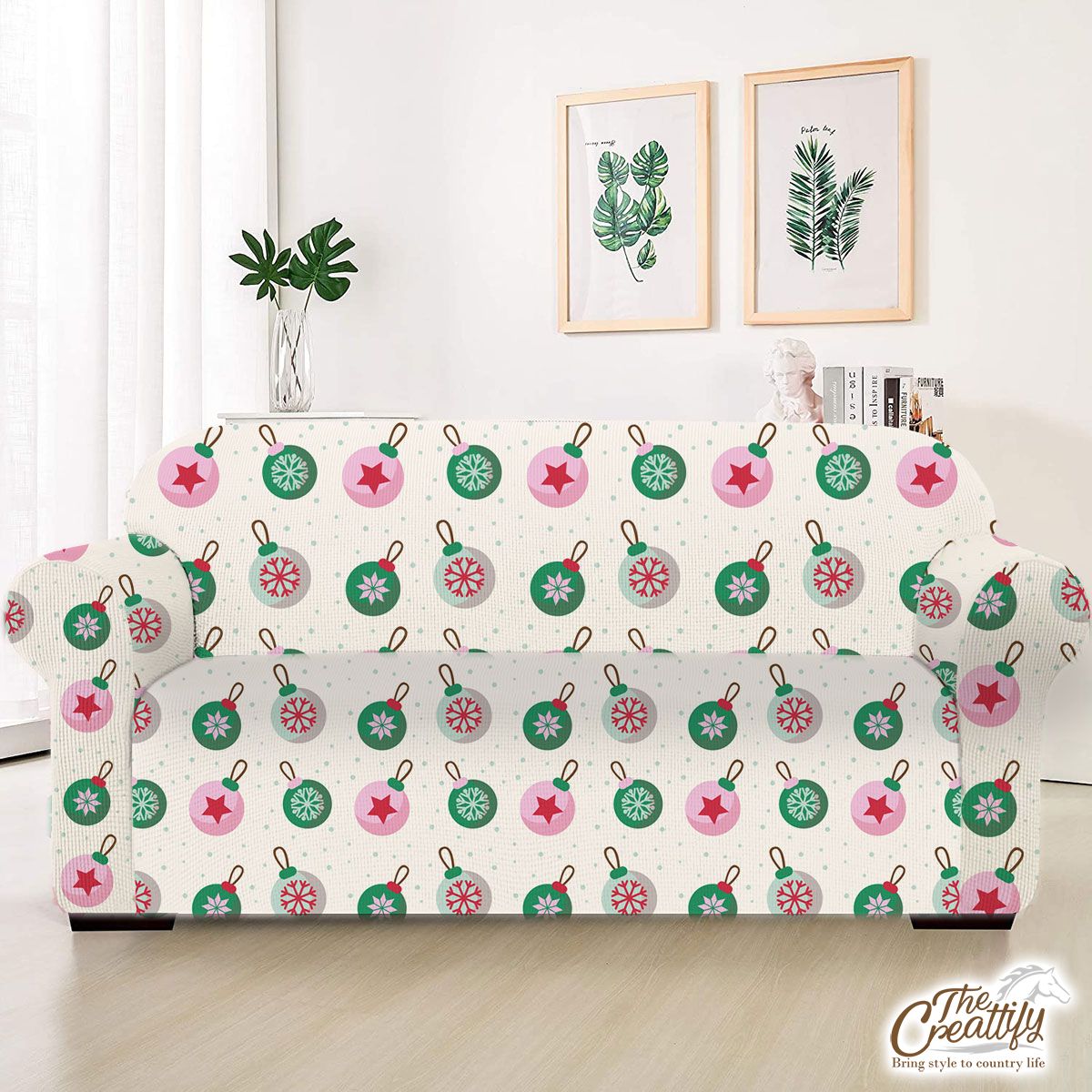 Green Pink And White Christmas Ball Pattern Sofa Cover