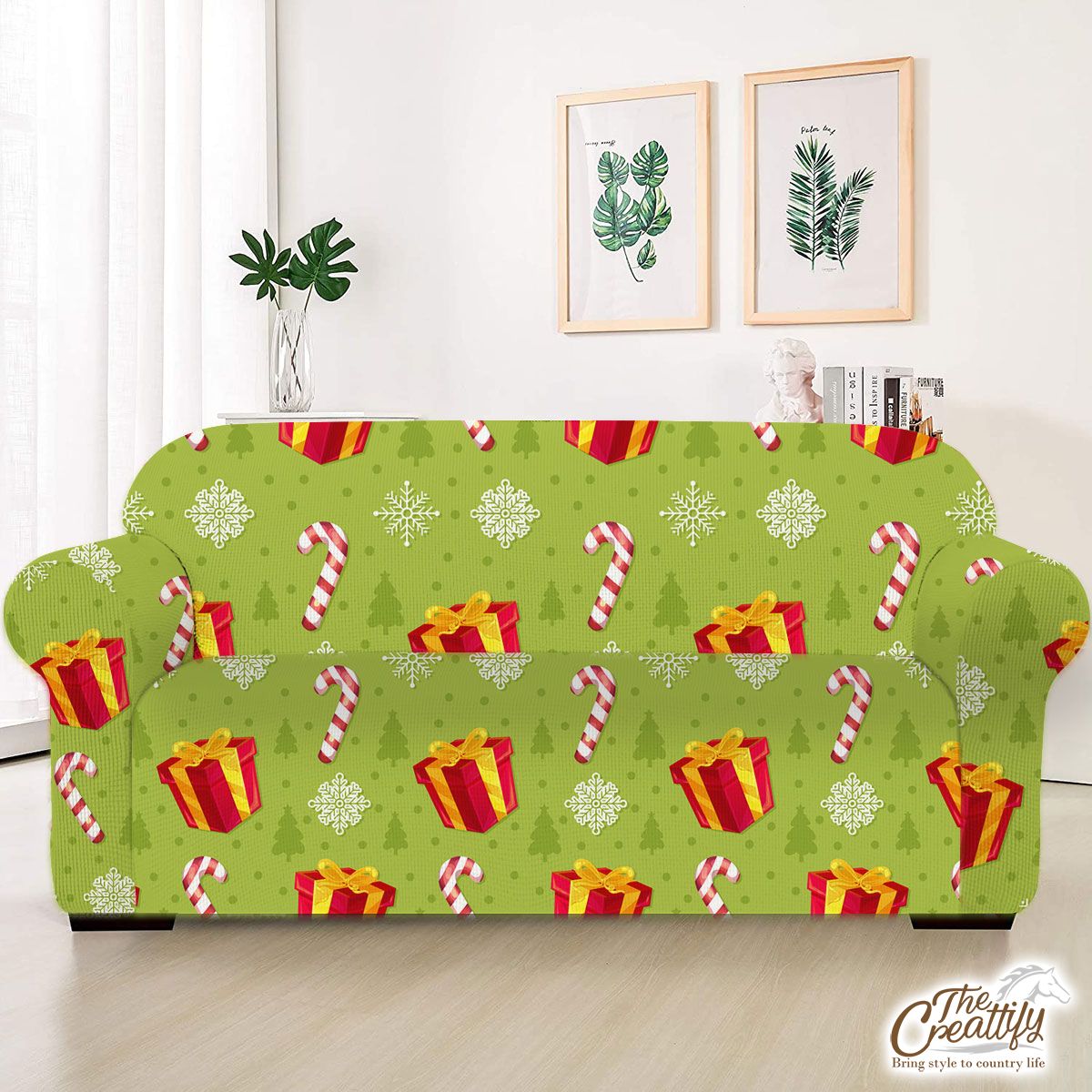 Red And Green Christmas Gift, Candy Cane, Snowflake Sofa Cover