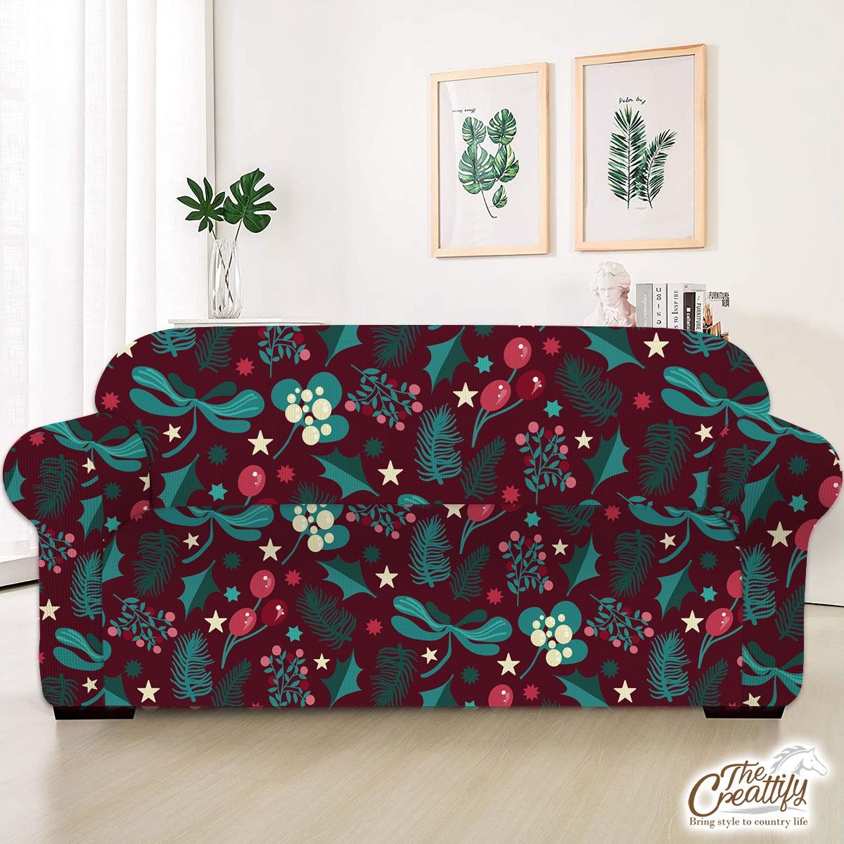 Red And Green Christmas Tree Branch, Cranberry, Holly Leaf Sofa Cover