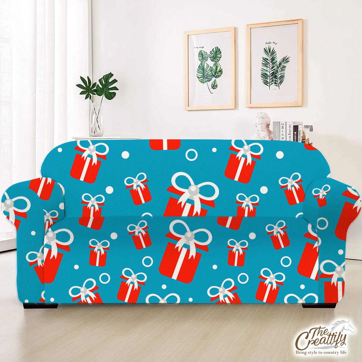 Red And White Christmas Gift On Blue Background Sofa Cover