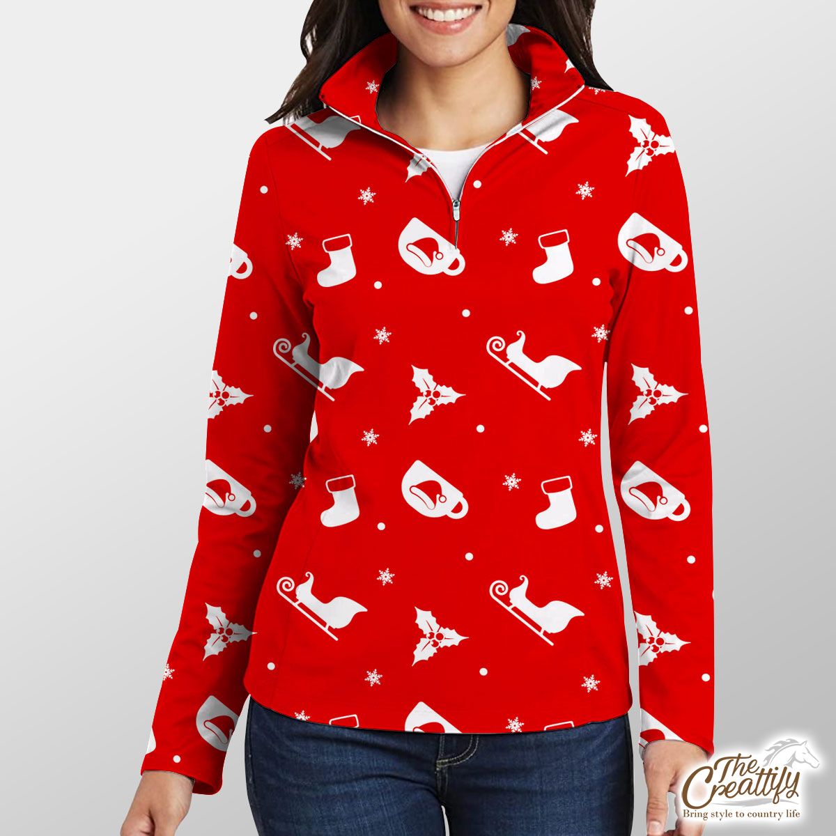 Red And White Santa Sleigh, Holly Leaf With Snowflake Quarter Zip Pullover