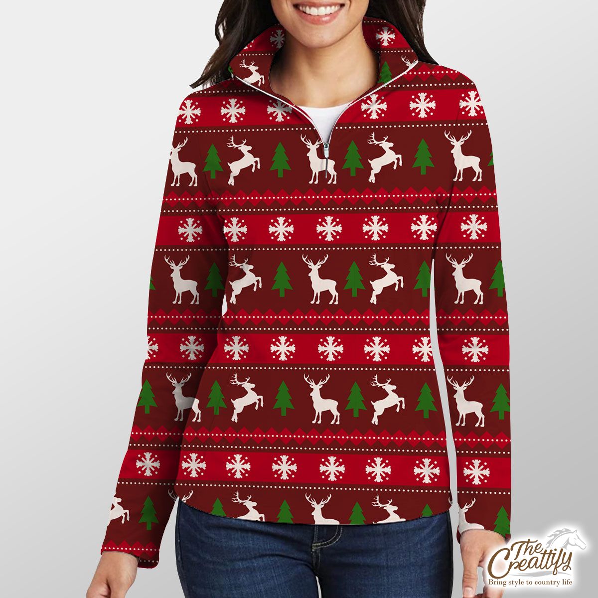 Red Green And White Christmas Tree, Reindeer With Snowflake Quarter Zip Pullover