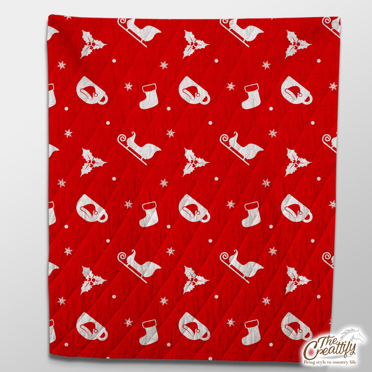 Red And White Santa Sleigh, Holly Leaf With Snowflake Quilt