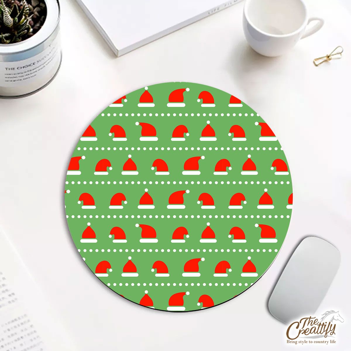 Red And White Santa Hat On Green Background Round Mouse Pad