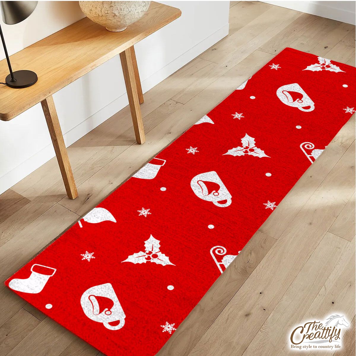 Red And White Santa Sleigh, Holly Leaf With Snowflake Runner Carpet